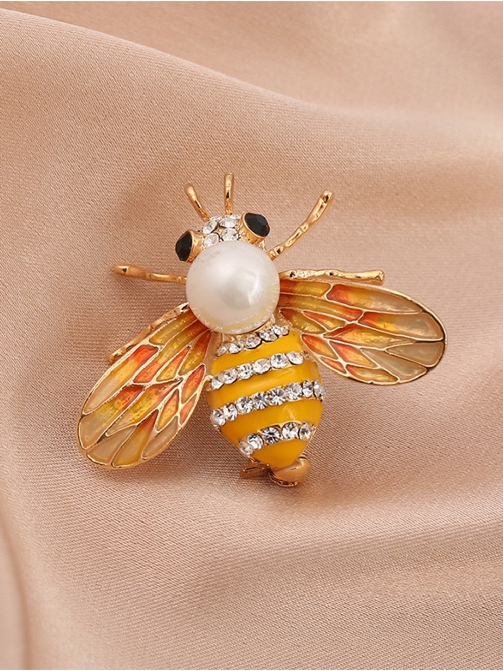 Gold Tone Yellow Enamel Bee Brooch Faux Pearl & Rhinestones Jeweled Bumble Bee